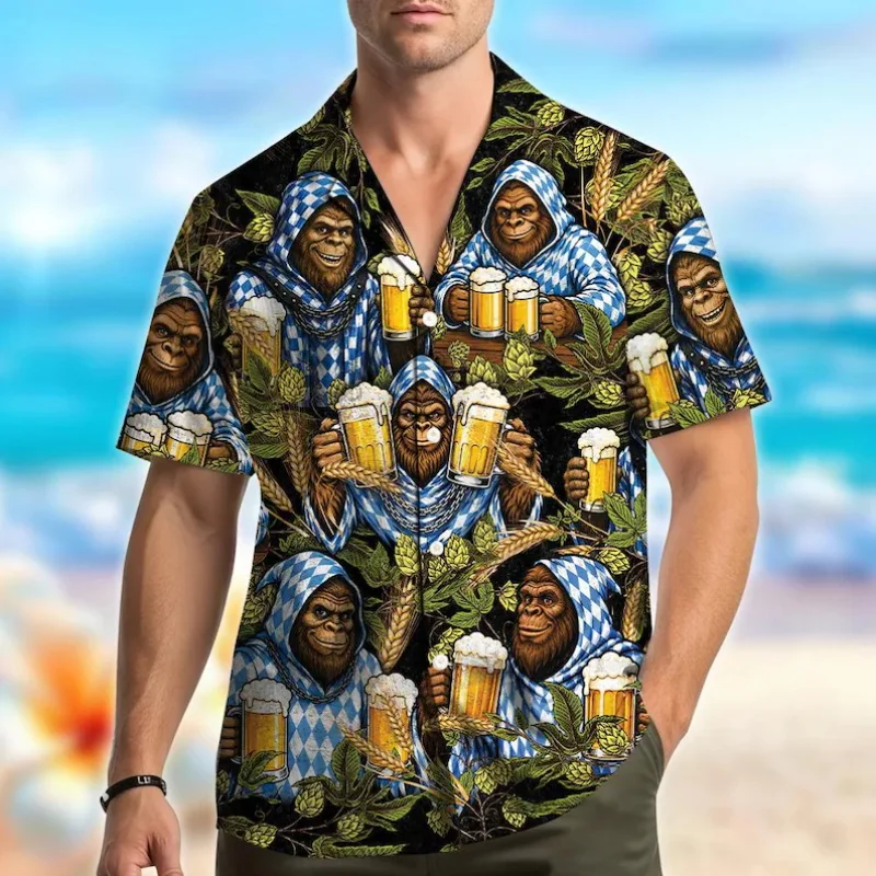 Men Oktoberfest Hawaiian Shirt 3D Print Beer Mug Pretzel Hop Pattern Lapel Short Sleeve German Beer Festival shirts Tops