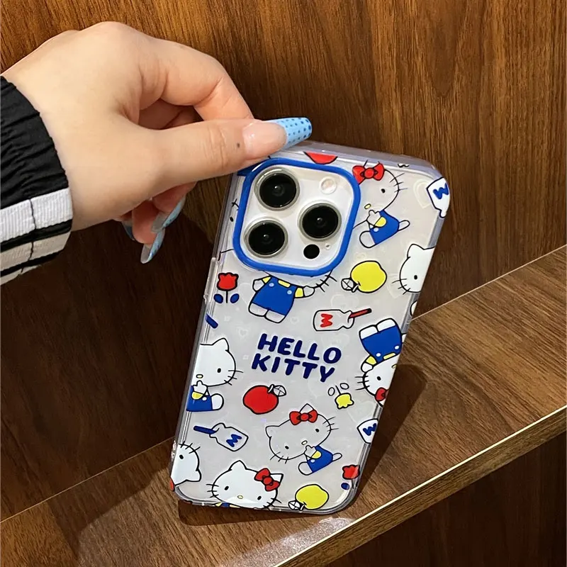 Sanrio Hello Kitty Bow Mirror Blue KT Milk Phone Case For iPhone 15 14 13 12 11 Pro Max XR XS MAX 7 8 Plus MINI Y2K Laser Cover