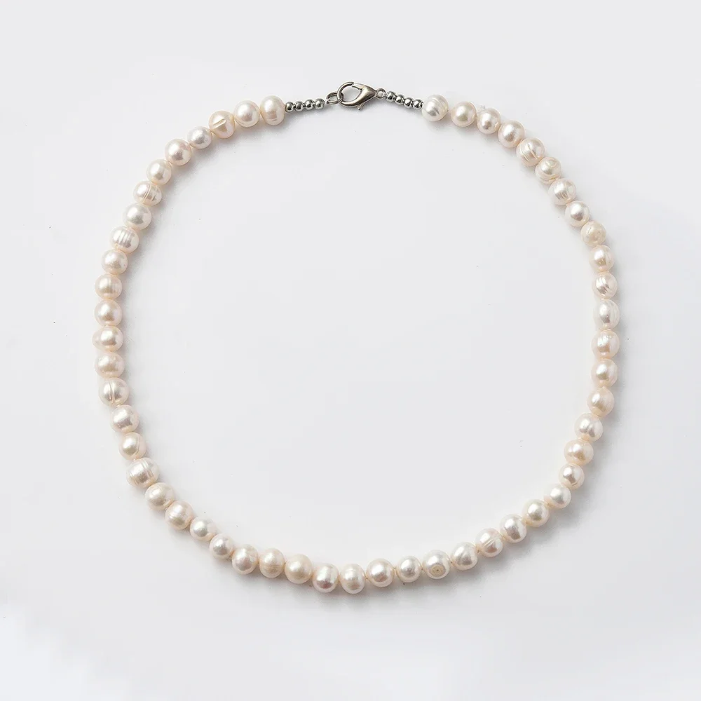 

7-8 мм в форме картофеля, натуральный пресноводный белый жемчуг, ожерелье, бусины с застежками из нержавеющей стали, настоящий жемчуг для подарка на день рождения