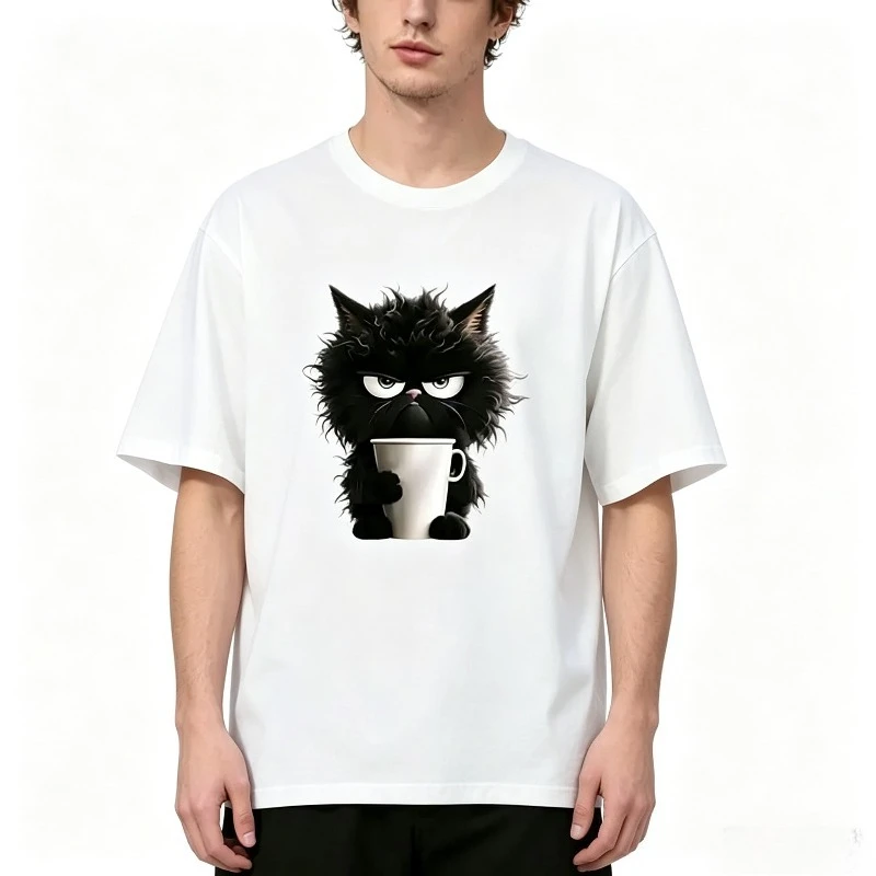 Men Regular Loose Cute Cat Coffee Cup Print T-Shirt Outdoor Camping Fishing SUP Skateboard RockShort Sleeve White Black Tops