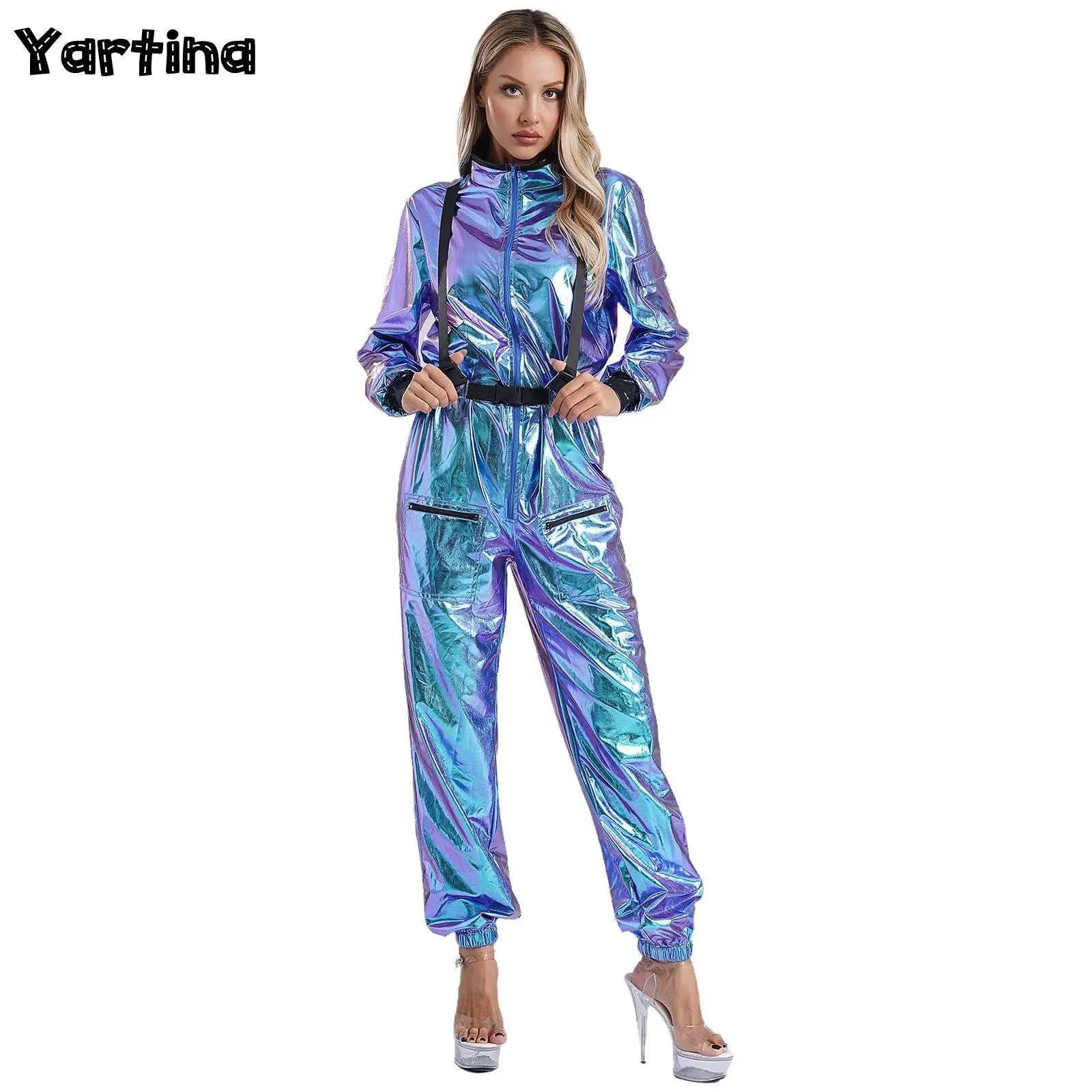 Womens Astronaut Alien Outer Space Carnival Cosplay Costume Metallic Shiny Long Sleeve Robot Alien Jumpsuits Zipper Bodysuit