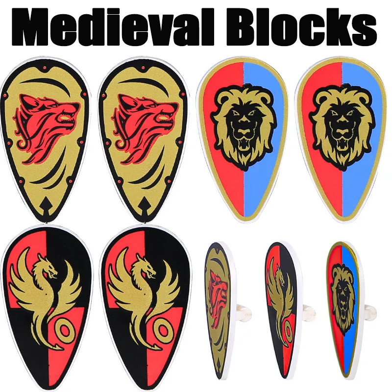 Medieval Shield Weapon Series Building Blocks Military Castle Soldier Figures Lion Wolf Knight Accessoreis War Bricks Toys Boys