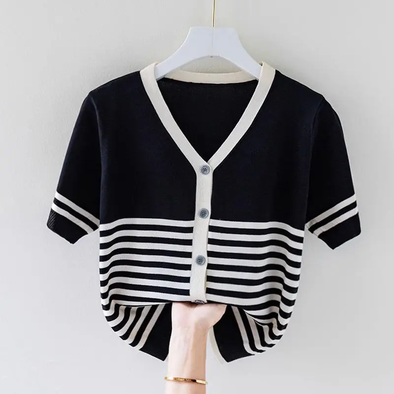 Korean New Fashion V-neck Pullover Ice Silk Printed Stripe Short Sleeved T-shirt Women Summer Panelled Patchwork Button Thin Top