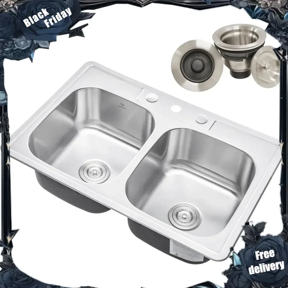 Top-mount/Drop-in Stainless Steel Double Bowl Kitchen Sink with Strainer - 18 Gauge Stainless Steel-3 Faucet Hole