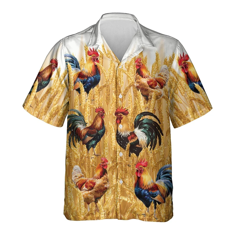 Men's Hawaii Shirt Cock Rooster Colorful Texture Short Sleeve Collar Top Fashion Streetwear 3D Printed Casual Chicken Clothing