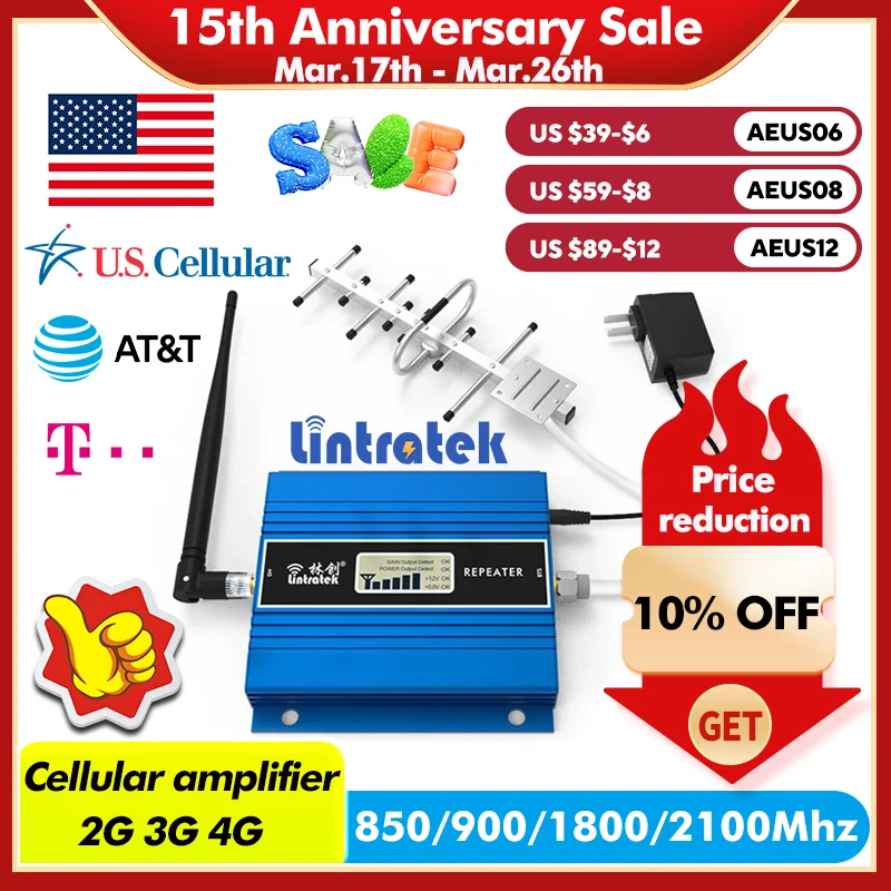 Lintratek Amplificador de señal para teléfono móvil señal celular repetidor de antena, 2G, 3G, 4G, GSM, 900, LTE, 1800, WCDMA, 2100MHz, CDMA, 850, B5