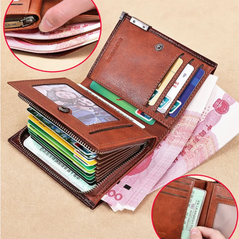 BANYANU Men's Genuine Leather Wallet RFID Anti-theft Top Layer Cowhide Zipper Card Holder Wallet Multifunctional Money Clips