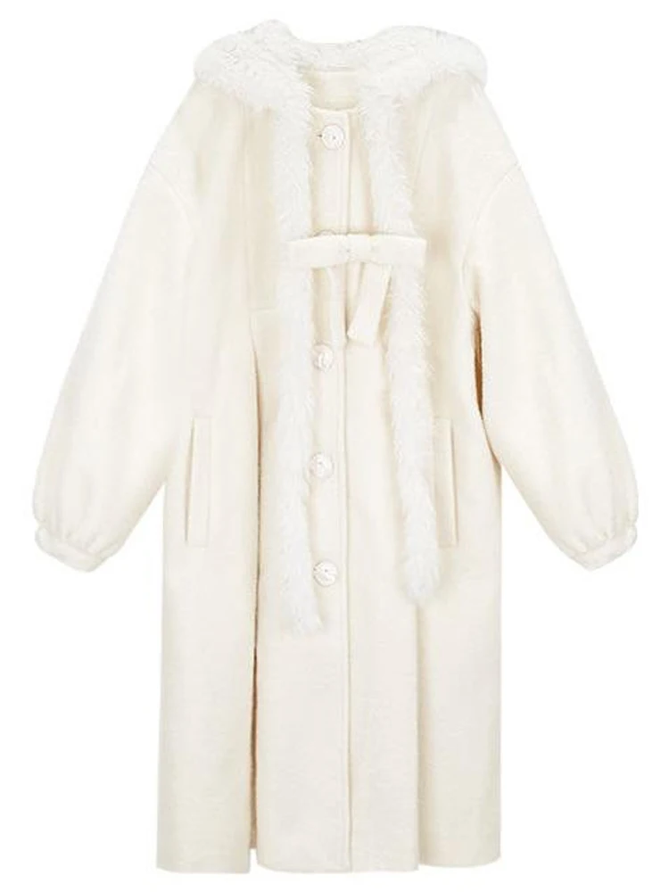 White Hooded Woolen Coat Women's Winter New Sle Korean Sweet Cute Loose Woolen Coat Mid-Length Single Button Closure
