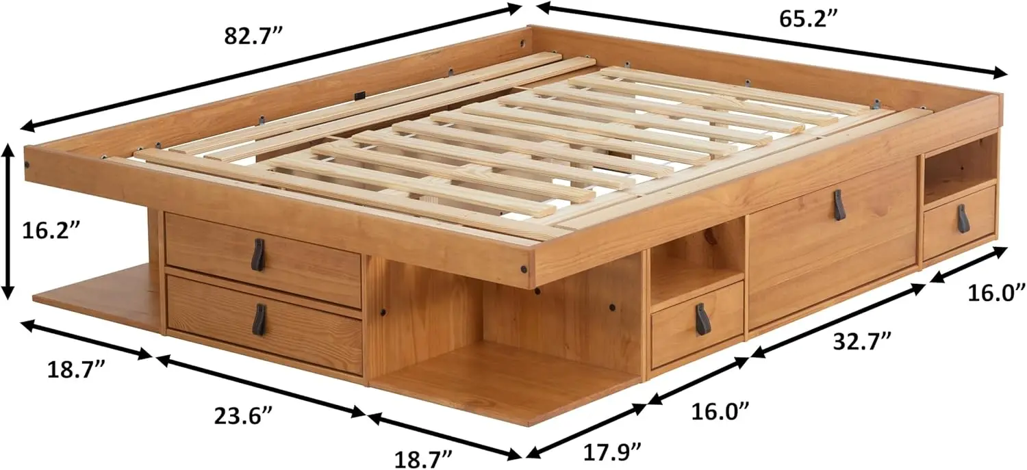 Bali Storage Platform Bed with Drawers (Queen Size, Oak Brown Wood)