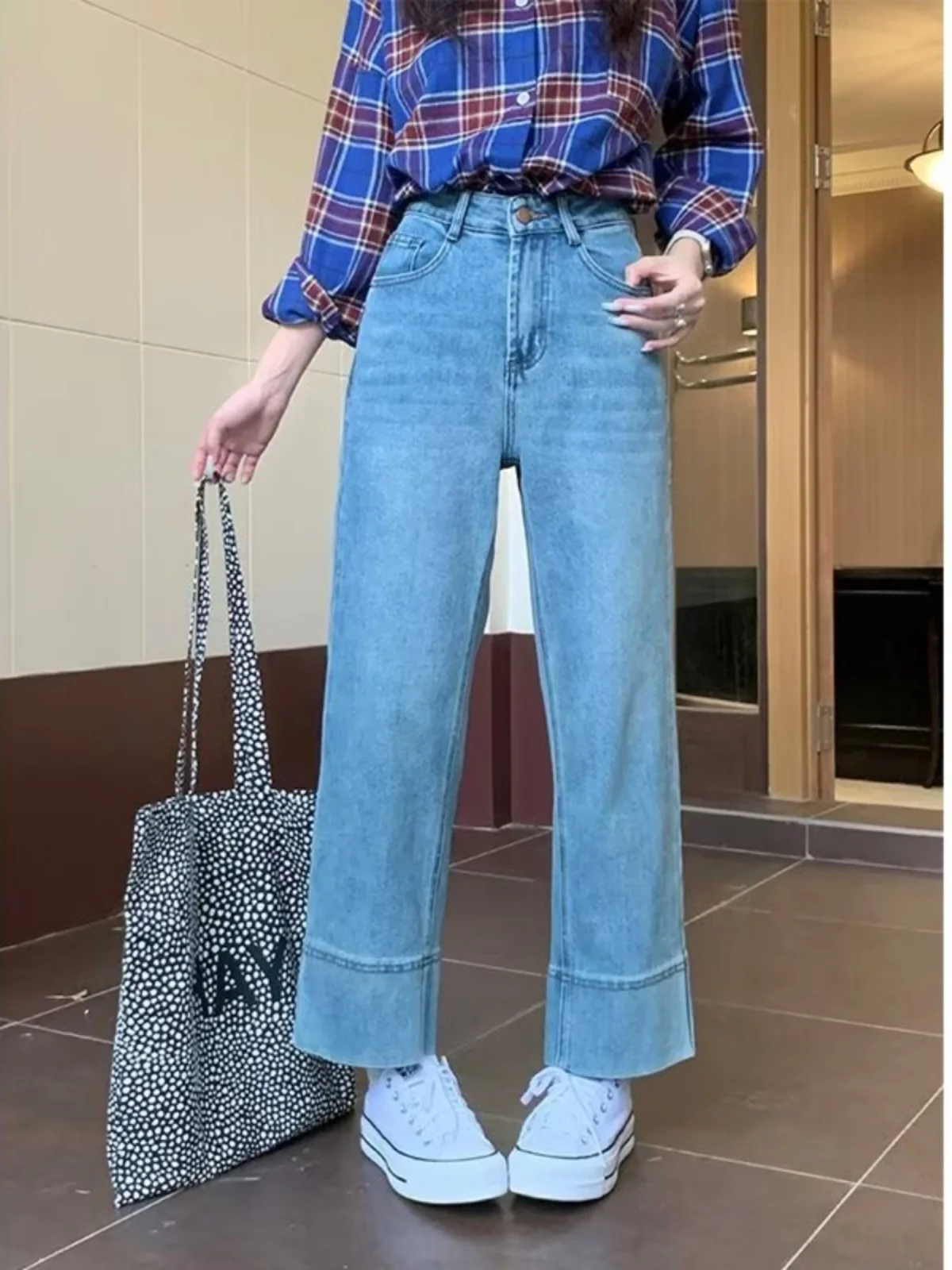 アメリカンレトロ風ストレッチデニムジーンズ レディース 大きいサイズ ハイウエスト 体型カバー スリム 細見え ワイドレッグ ストレートパンツ