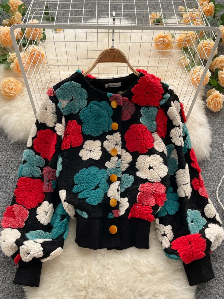 

Retro Floral Print Slim Fit Single Button Open Cardigan Short Jacket Trendy Top Commute Style Korean Version Polyester Fiber