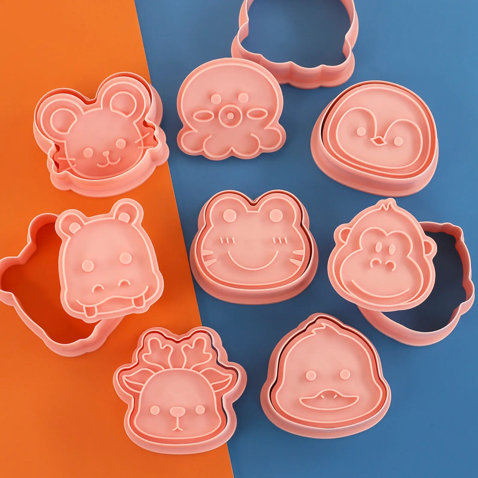 8Pcs/Set Animal Portrait Cookie Stamp Mold Duck Hippo Deer Gorilla Octopus Penguin Mouse Frog Shape Biscuit Mold Baking Tools