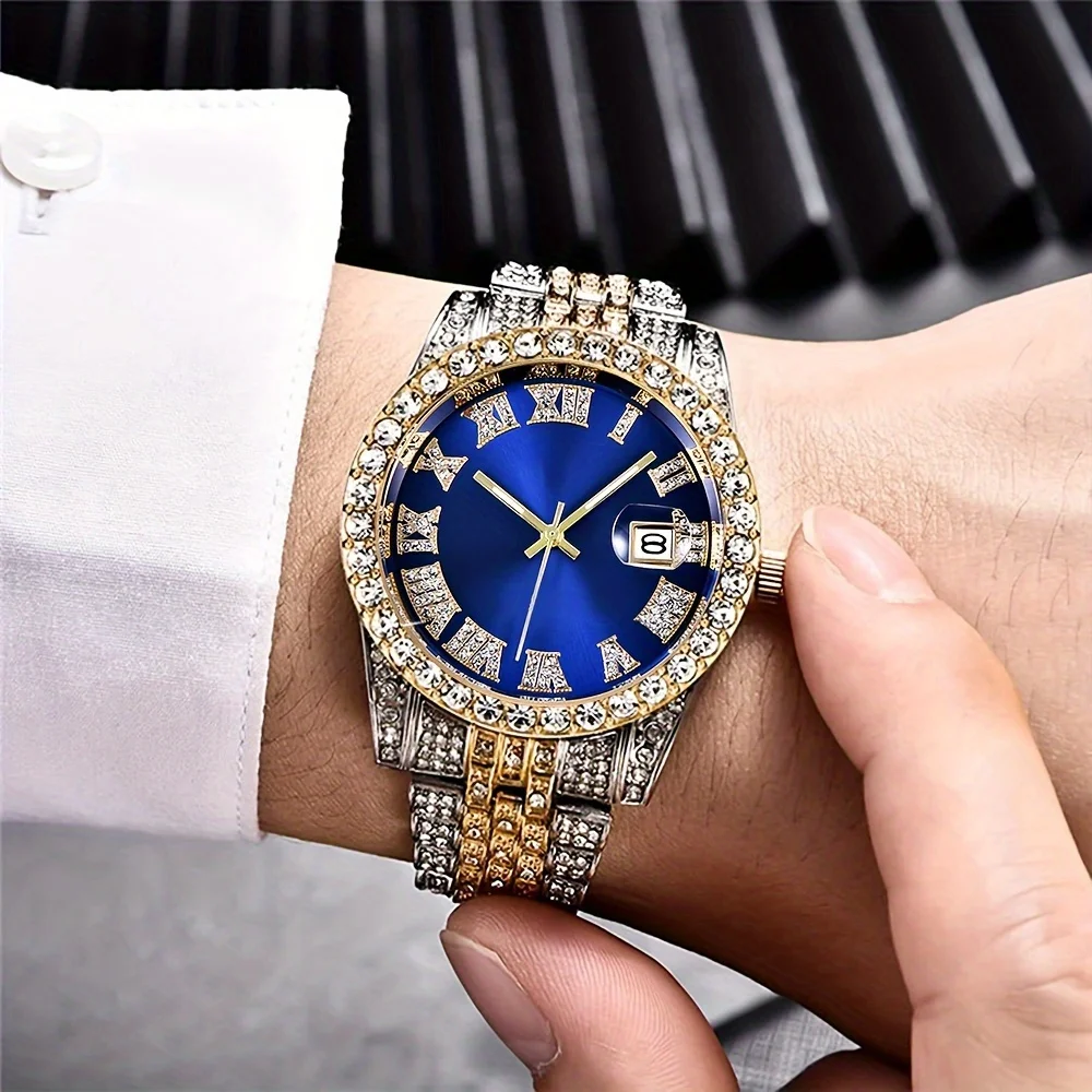 Popular Business Men\'s Faux Diamond-studded Steel Strap Watch, Fashion Hip-hop Street Culture Cuban Bracelet Set With