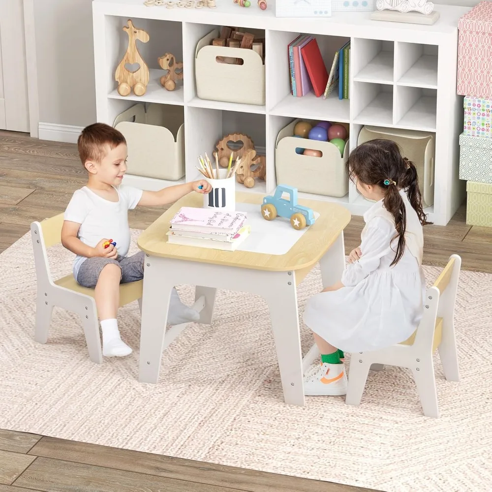 Kids Table and Chair Set, 3-in-1 Wooden Activity Table with Removable Tabletop, Blackboard & Whiteboard, Storage Space