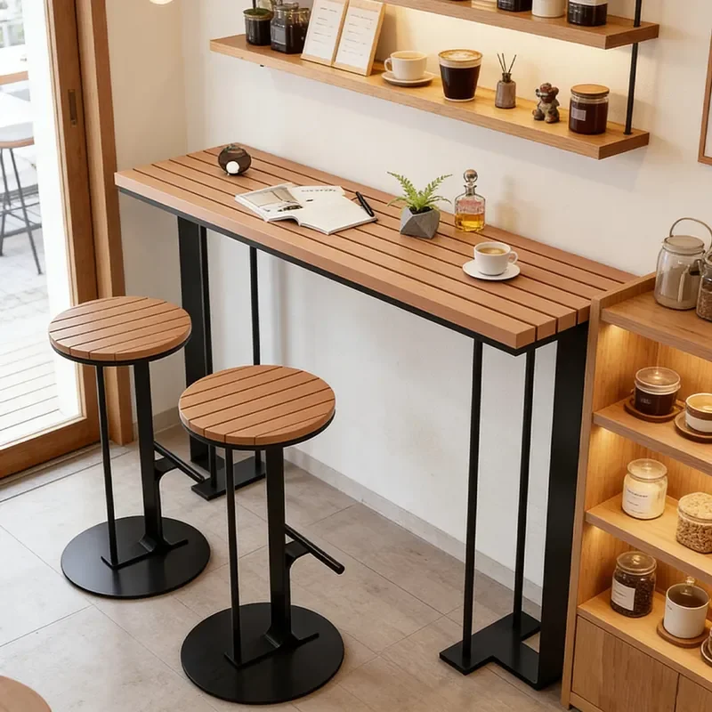 Commercial Modern Simple Wrought Iron High Bar Table with Plastic Wood Striped Desktop for Milk Tea Shop Bar Outdoor Use
