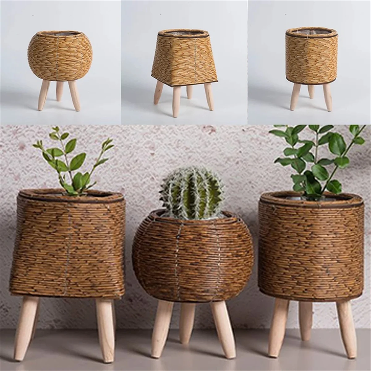 Vintage Imitation Rattan Woven Flower Shelf Planters Handmade Storage Basket with Wooden Legs Plant Pot Stand Holder,F