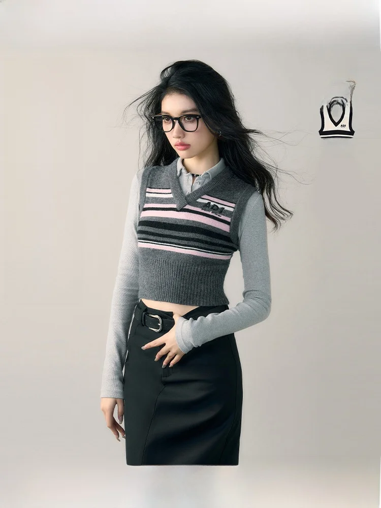 

ANDYET AD женский вязаный свитер в полоску с v-образным вырезом, пуловер, жилет ort Sle для поездок на работу, осенне-зимний топ, качественный материал