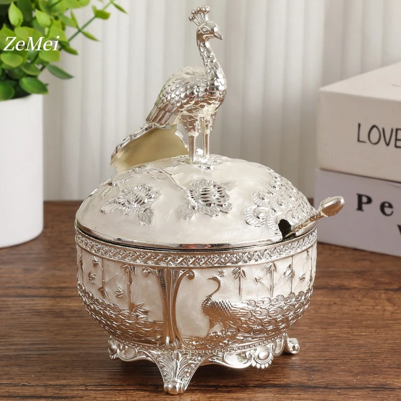 European Style Silver Peacock Spice Jar, with lid and Spoon Storage Box Metal Seasoning Bottle Storage Tank Kitchen Supplies