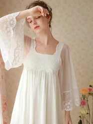 White Fairy Sweet Mesh Princess Nighty Dress Flare Sleeve Embroidery Lace Peignoir Nightwear Victorian Nightgowns Sleepwear