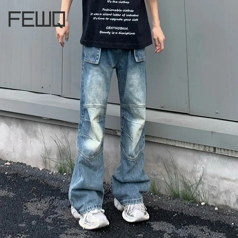 FEWQ Men Jeans Washed Men Pants 2024 Summer New Korean Fashion Contrast Color New Vintage High Street Casual 24Y186