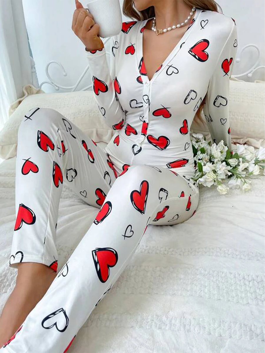 Dames Valentijnsdag Hartenprint Loungewear Jumpsuit Lange Mouw V-Hals Voor Knoop Bodycon Pyjama