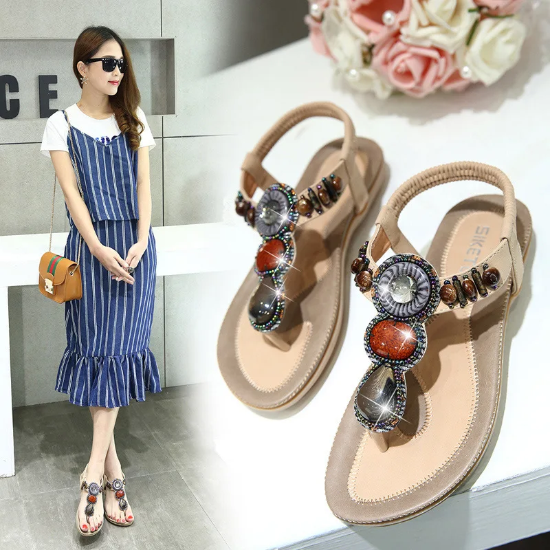 SIKETU Brand Summer Fashion 2022 BOHO Retro Beaded Jeweled Sandals donna Beach tacchi piatti Extoic Sweet T-strap Shoes Clip Toe 42