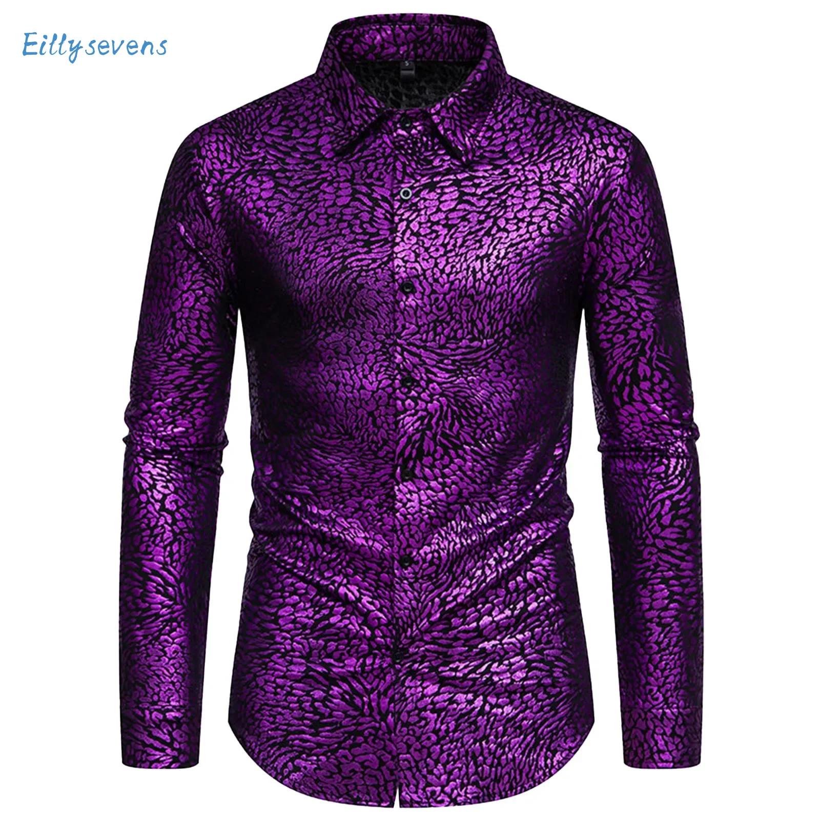 Men Vintage Shirts Fashion Trend Hot Stamping Printed Banquet Party Shirts Causal Long Sleeve Slim Fit Performance Costume