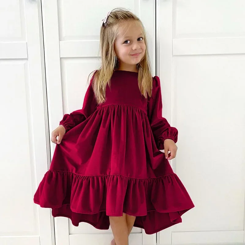 

New 7-12 years Girls Spring Autumn Winter Velvet Long Sleeve Ruffle Hem Dress Princess Kids Party Dressess Children Clothing