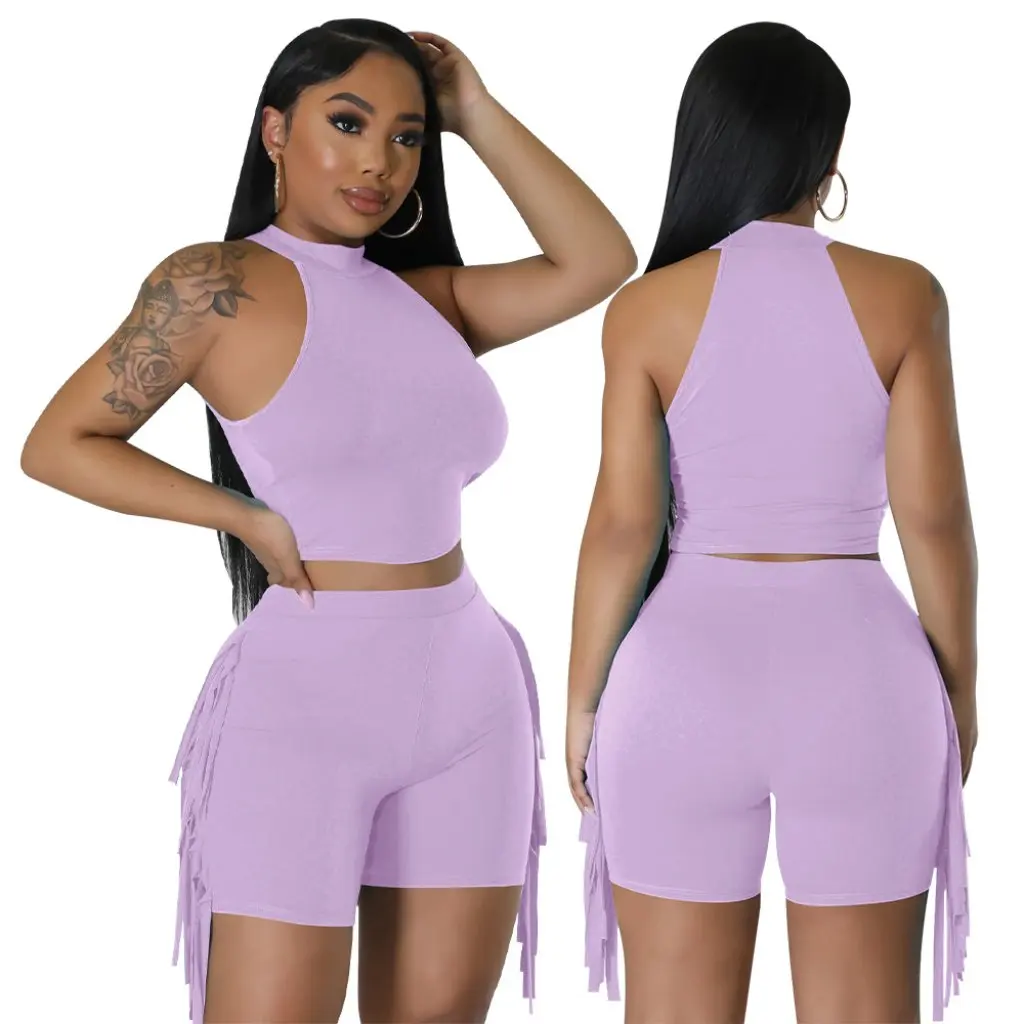 

Женский повседневный комплект из двух предметов без рукавов с круглым вырезом и кисточками K10432, европейская и американская мода, однотонный, новый