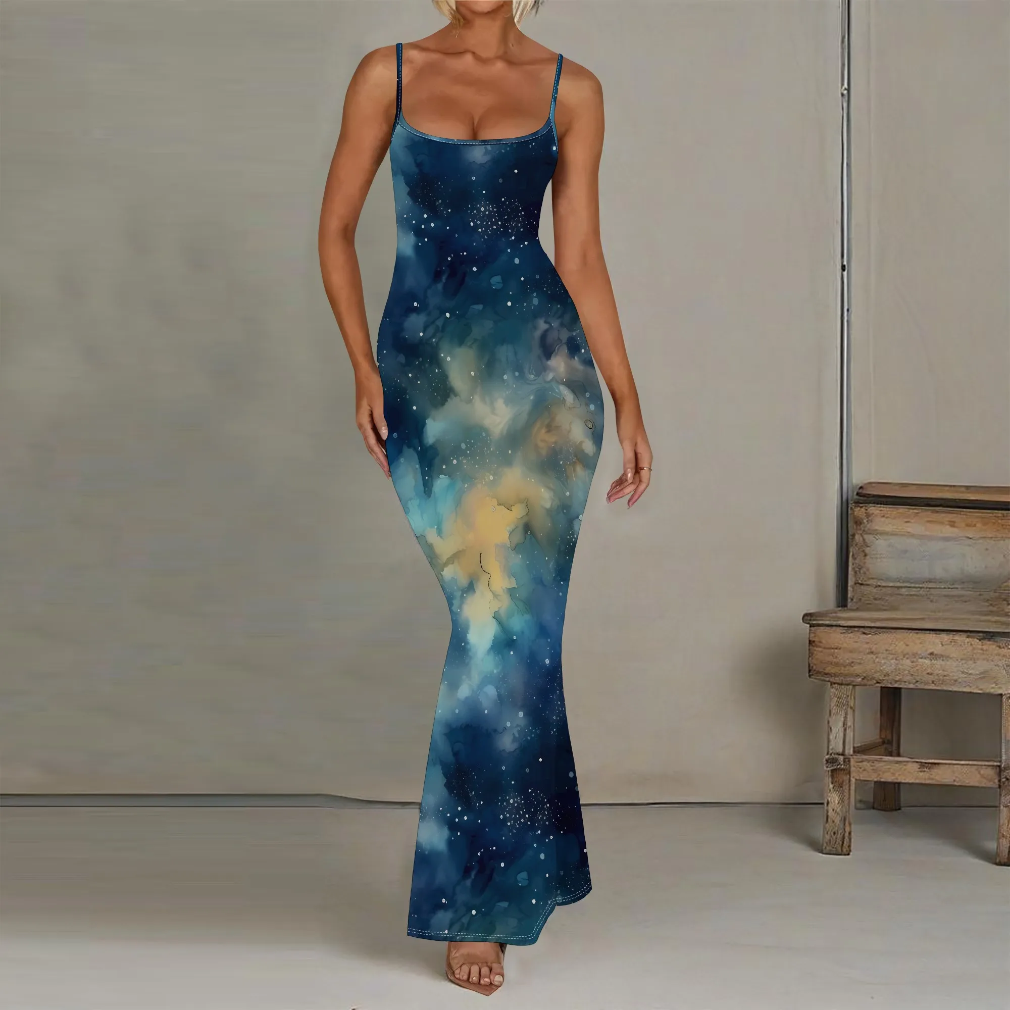 

EQQZD Elegant Spaghetti Strap Dress - Sleeveless & Square-Neck, Beautiful Starry Sky Print Maxi Dress for Women