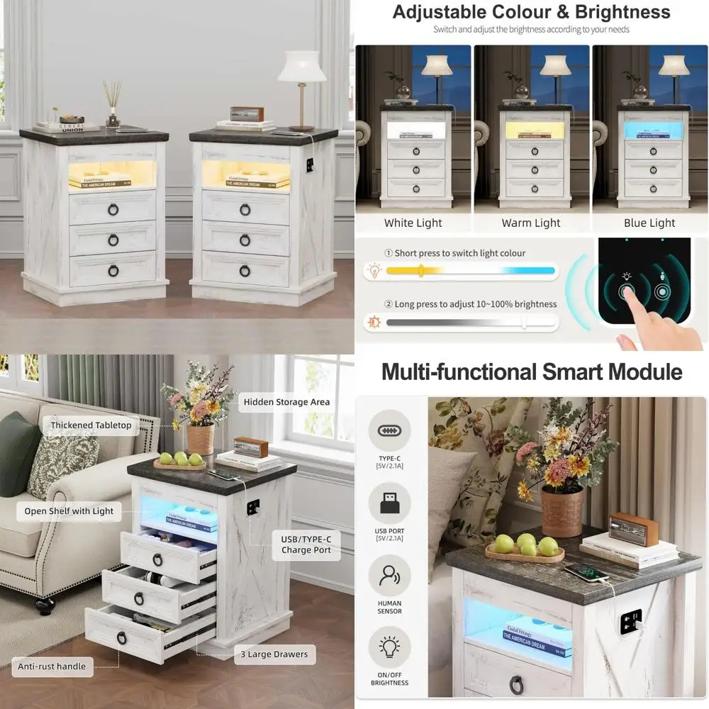 LED-Lit Nightstand Set with Gun Drawer, Charging Station, and Human Body Sensor for Bedside Convenience