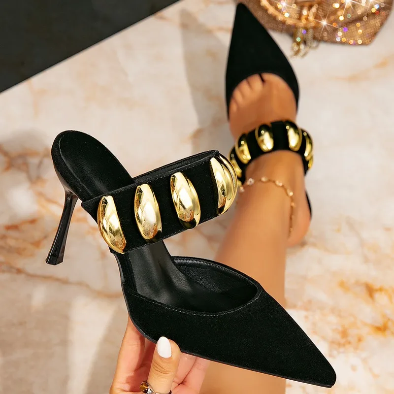 

10cm Stiletto Women's Sandals Metal Decorative Women's Pumps and Heels Fashion Pointed Tip Casual Woman's Shoes Sandalias Mujer