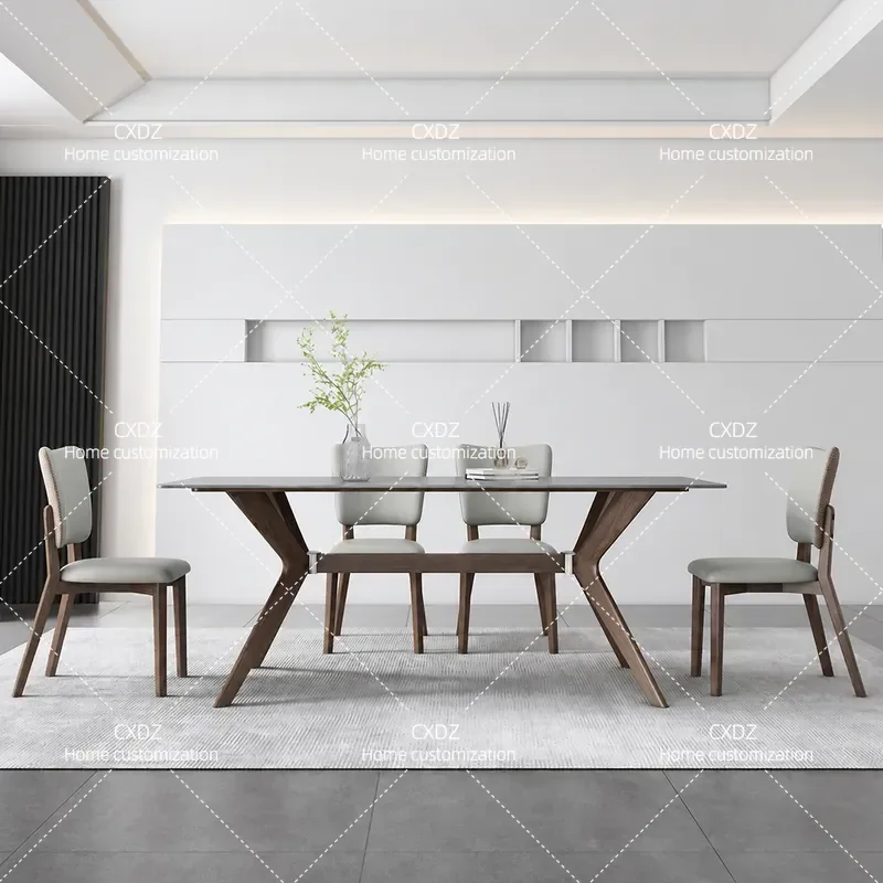 Gray Rock Slab Dining Table Minimalist Light Luxury Solid Wood Rectangular Household Small Apartment Dining Table and Chair