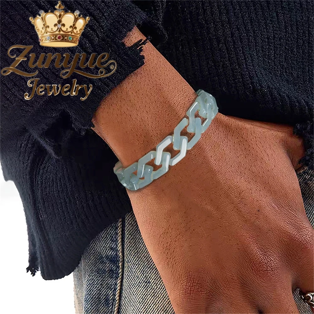 Genuine Natural A-Grade Jade Blue Water Rhombic Cuban Chain Bracelet Necklace Jade Titanium Steel Hip-Hop Style Trend Charms