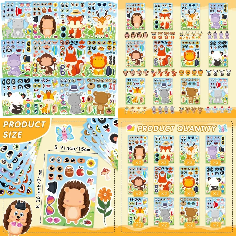

24 Sheets of Face Stickers with 12 Wild Animal Designs Including Fox Elephant Hedgehog for Perfect for DIY Mix and Match Activi