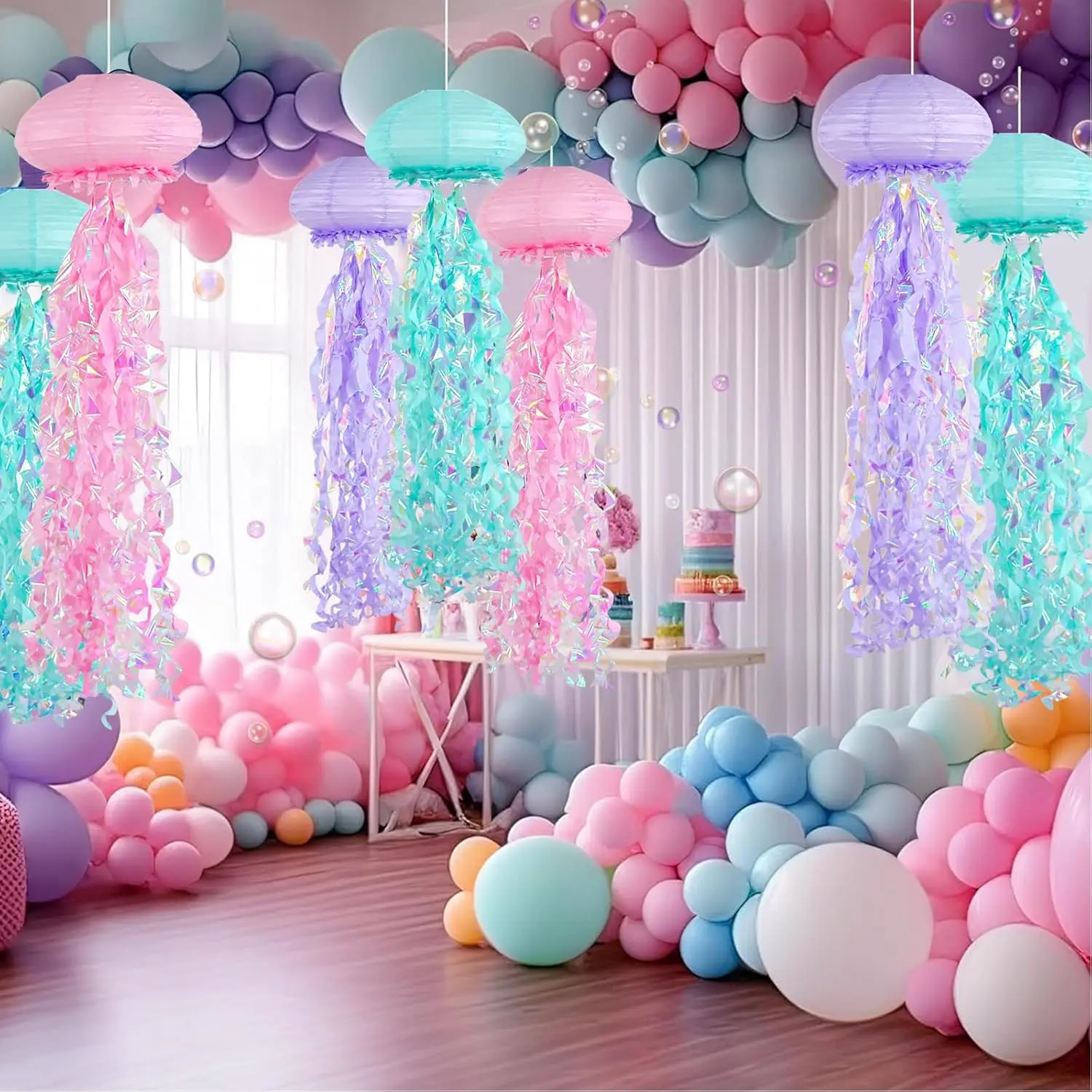 6PCS Hanging Jelly Fish Paper Lanterns, Gradient Colorful Paper Lanterns for Mermaid Theme Party Under The Sea Ocean Decorations