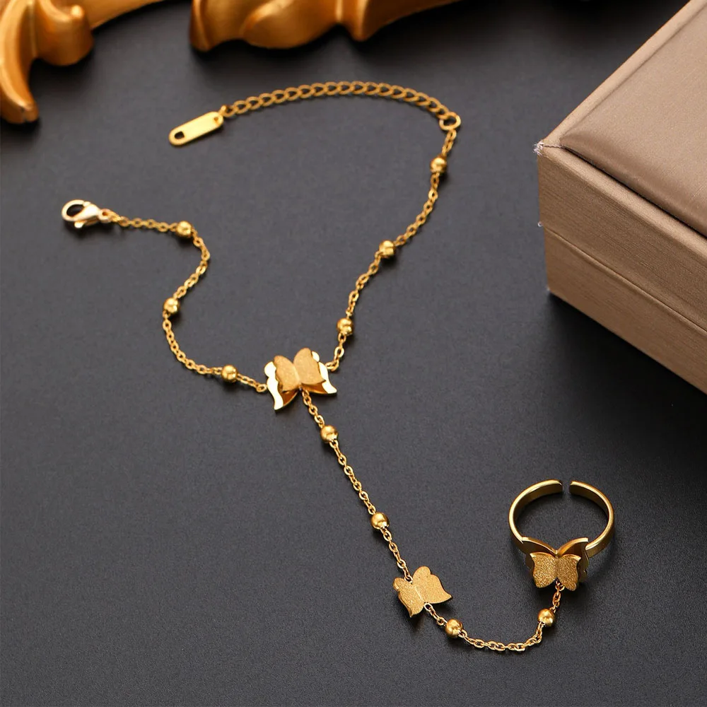 Edelstahl Scrub Butterfly Gliederketten-Armband mit Verbundener Fingerring für Damen Trendiges Verbundenes Handschmuck-Set Partygeschenk