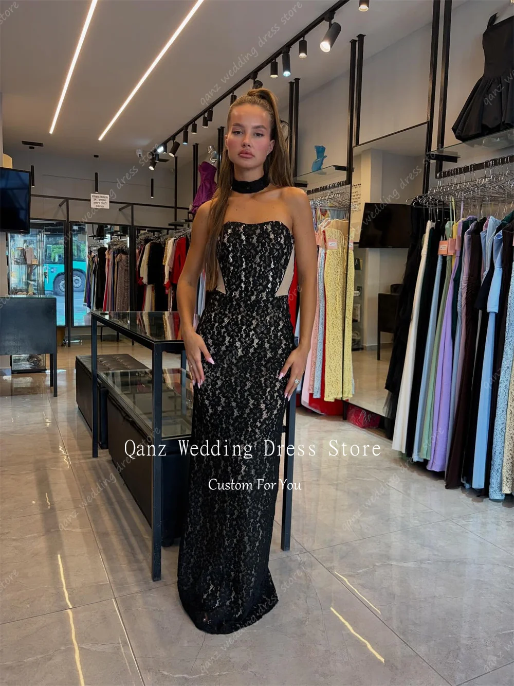 فساتين سهرة أنيقة من الدانتيل الأسود من Qanz حورية البحر بدون حمالات فستان حفلات الزفاف ببطانة عارية رداء De Soirée مخصص