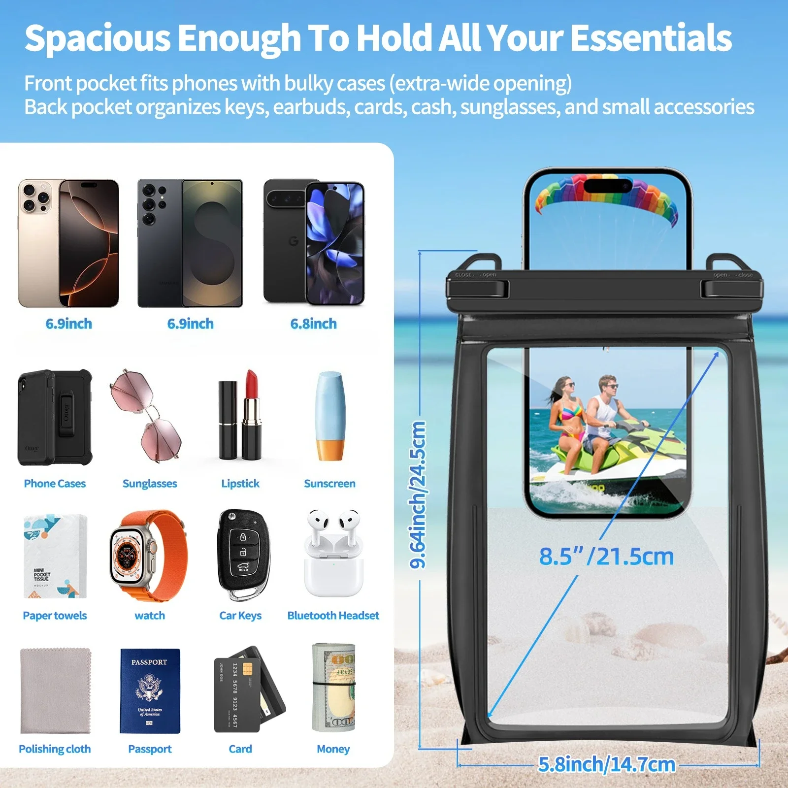 HAISSKY حقائب سباحة كبيرة مجسمة مقاومة للماء كروس بودي للشاطئ حقيبة تخزين شفافة لهاتف آيفون وسامسونج وشاومي وهواوي #4