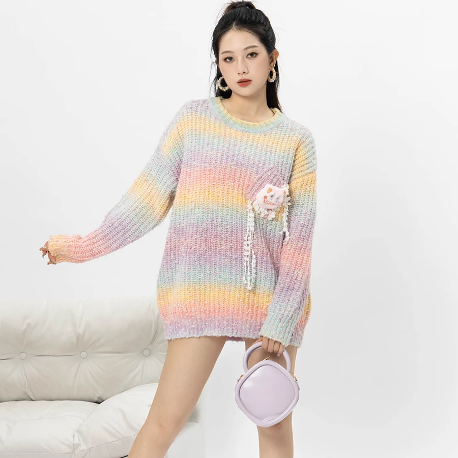 Korean Style Autumn Winter Women Girl Pullover Sweater Sweet Rainbow Colors Turn-down Collar New Simple Casual Fashion Design