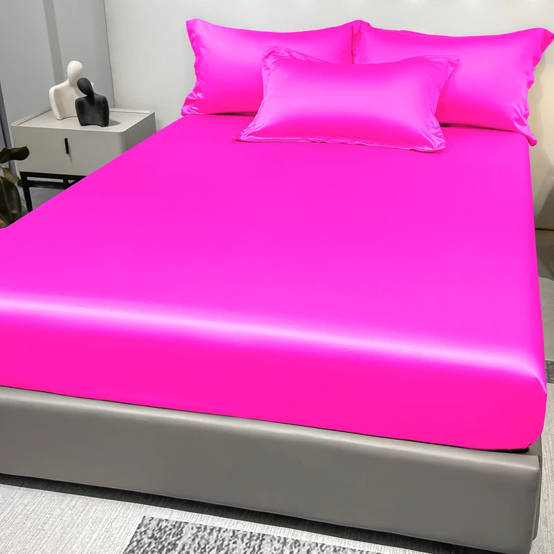 1 Simple Modern Satin Solid Color Fitted Sheet,Rose Red Color Ice Silk Bedspread For Bedroom,Bedding (Excluding Pillowcases)