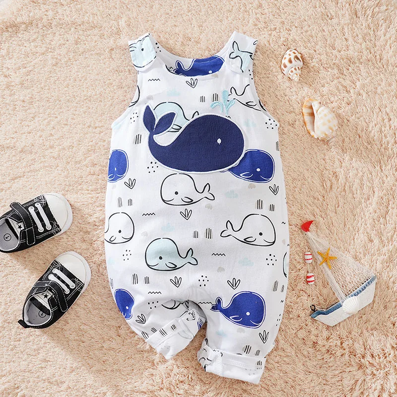 Summer Boys And Girls Cute Cartoon Whale Embroidery Cotton Comfortable Casual Sleeveless Baby Bodysuit