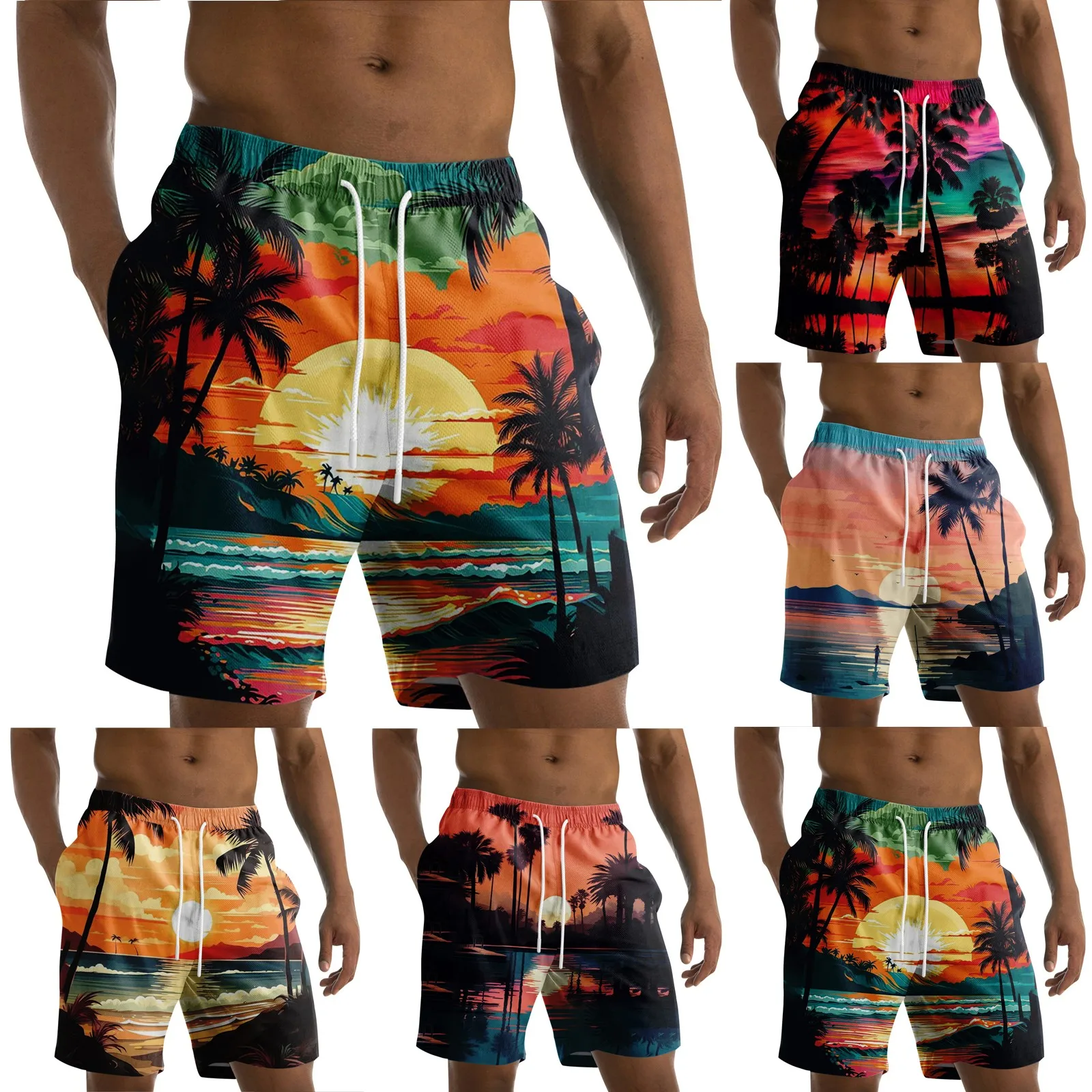 Men'S Board Shorts Casual Vacation Fashion Hawaiian Printed Board Shorts Summer Daily Surf Strapped Fitting Sport Shorts