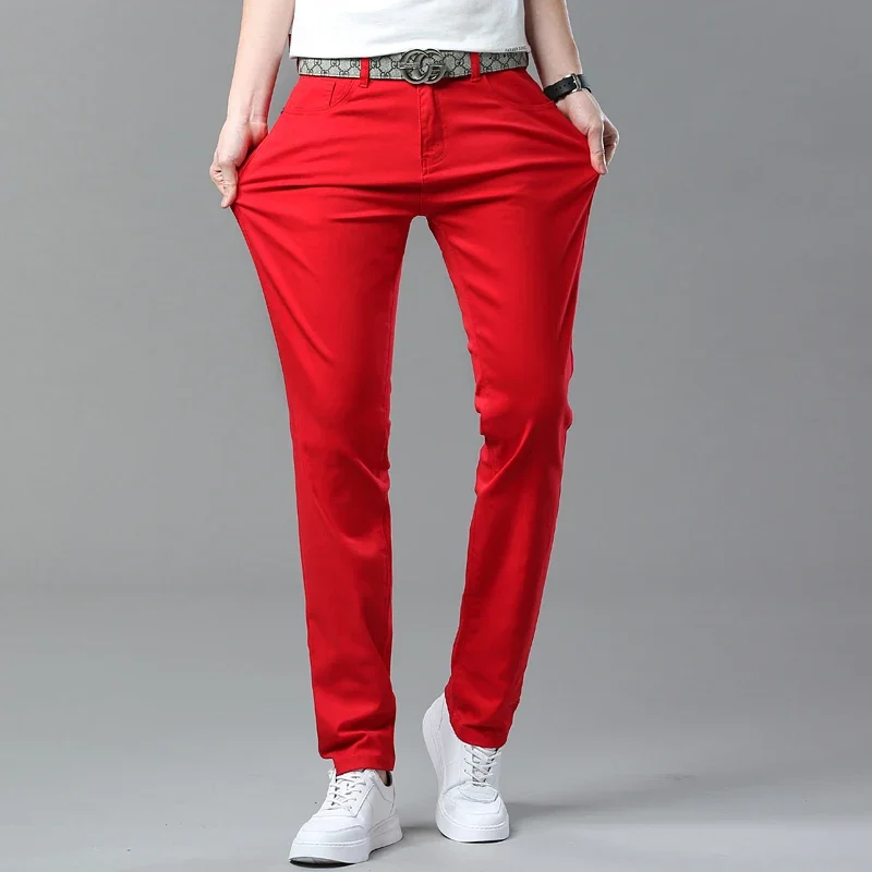 98% قطن 4 ألوان جينز قابل للتمدد للرجال منتصف الخصر مستقيم قلم رصاص سراويل جينز ماركة الملابس شخصية موضة الذكور السراويل #4