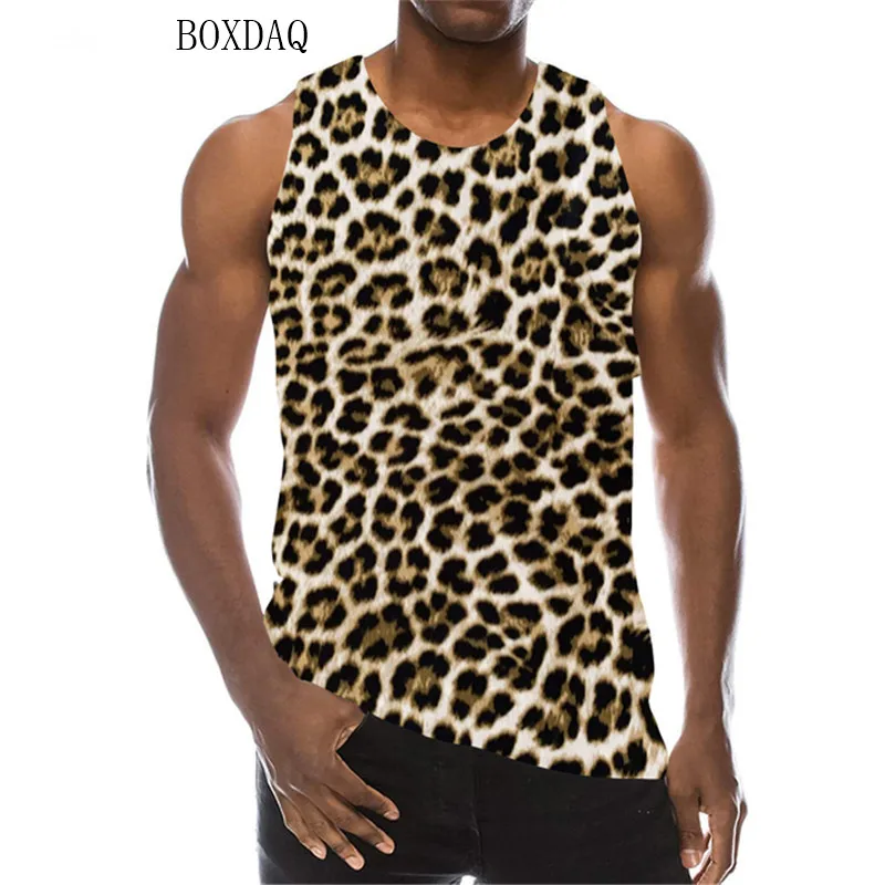 Fashion Leopard Men\'s Tanks Summer Sleeveless Animal Pattern 3D Print Male Vest Loose Casual Round-Neck Sporty Gym Tops Hip Hop
