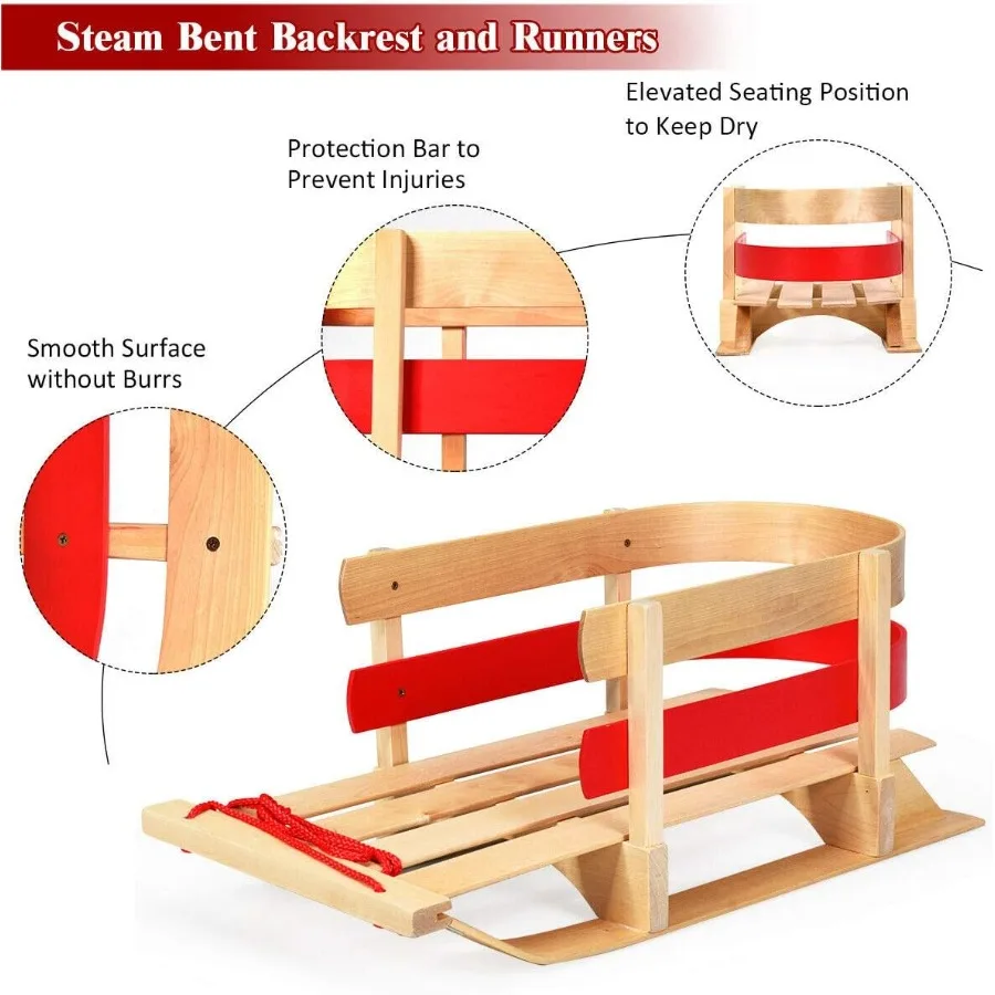 고플러스 나무 썰매 스노우 우드 썰매 솔리드 우드 시트와 당기는 밧줄이 있는 슬라이더, 330파운드 무게 용량의 토보건
