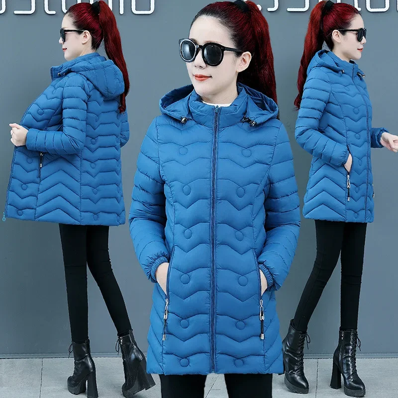 Medium Long Styles Light Quilted Jacket Long-sleeved Zippers Jacket New Hooded Slimming Middle Age Women Cotton-padded Coats