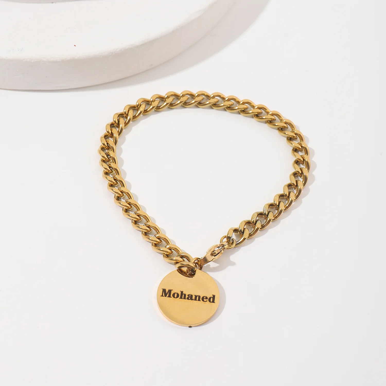 Private Custom 18k Gold Stainless Steel Disc Grinding Chain Bracelet Personalized DIY Laser Lettering Bracelet