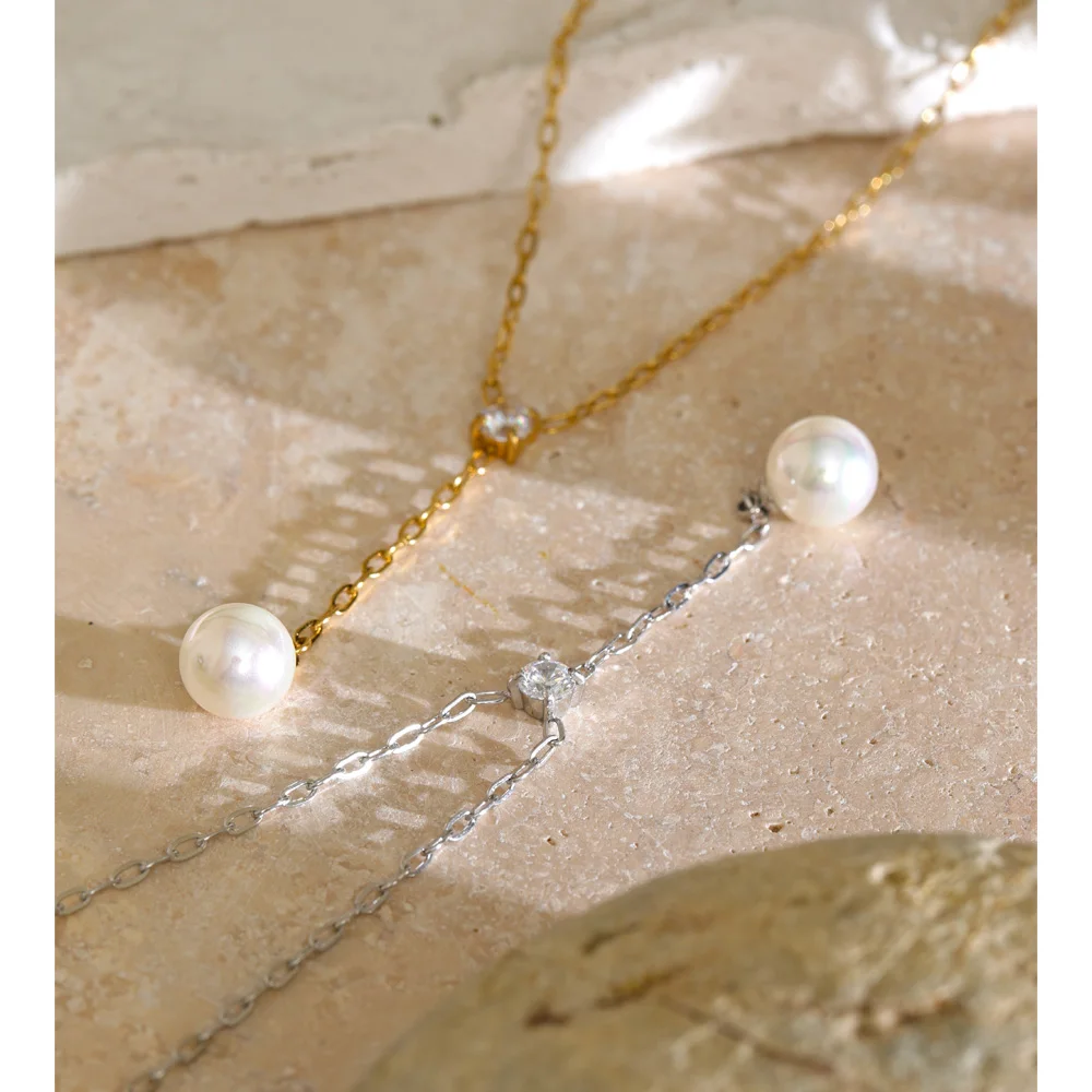 Yhpup Stainless Steel Zirconia Y Chain Simulated Pearls Drop Necklace for Women Arrivals Trendy Chic Jewelry
