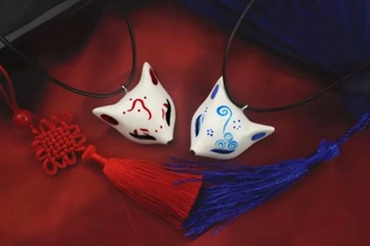 Jewelry China Hand-painted Ceramic necklace Fox Mask Cosplay Masks Kabuki Kitsune Masks Half Face Pendants For women